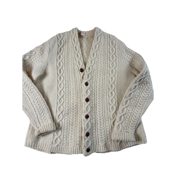 Handmade Sweaters - Handmade Vtg Cable Knit Cardigan Sweater Womens Sz Medium Grandma Knitting Ivory
